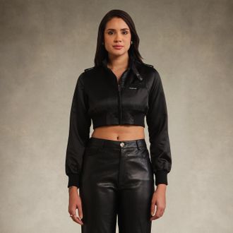 Members Only Womens Cropped Classic Satin Iconic Racer Jacket