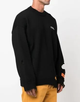 Heron Preston Mens Ctnmb Logo Shredded Knit Sweater Black Clothing > Knitwear