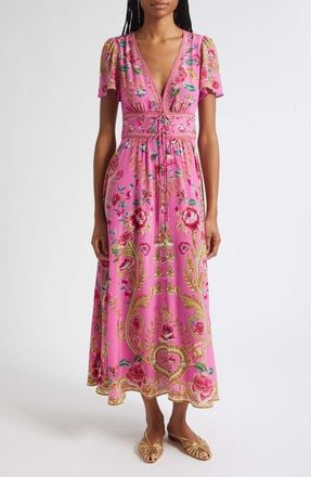 Camilla Floral V-Neck Silk Midi Dress in Matadora Flora at Nordstrom, Size X-Small