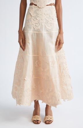 Zimmermann Rebellion Filigree Linen & Silk Midi Skirt in Peach at Nordstrom, Size 2