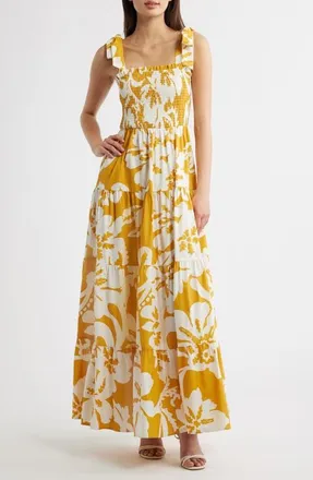 Flying Tomato Floral Tie Shoulder Tiered Maxi Dress in Yellow at Nordstrom, Size Medium