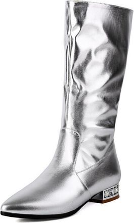 Generic Womens Pull on Slouch Mid-Calf Boots Pointed Toe PU Leather Short Boots Flat Heel Casual Boot,Silver,4.5 UK