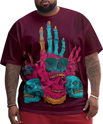 Generic Mens Skull T Shirts, Crewneck Halloween Skull Oversized Casual T Shirt, Trendy Holiday Tops Hand Skeleton 8XL