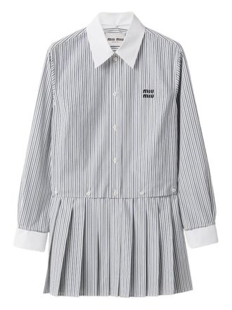 Miu Miu pleated striped mini shirt dress - White