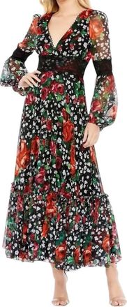 Mac Duggal Floral Chiffon Lace Puff Sleeve Midi Dress In Black