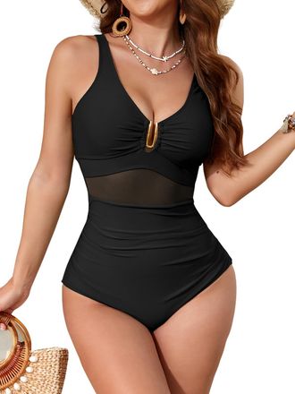 SHEKINI Women Swimming Costume Tummy Control One Piece Swimsuits V Neck U Ring Swimwear Padded Bathing Suits