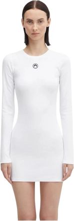 Marine Serre Moon Logo Ribbed Jersey Mini Jurk - Dames - Korte kleedjes - Wit - L - Katoen - Kleedjes