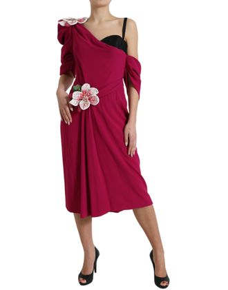 Dolce & Gabbana Womens Purple Flower Embellished One Shoulder Dress Silk