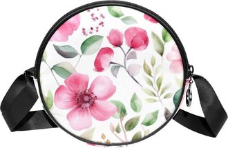 Generic Circle Crossbody Bag for Women, Floral Leaves Small Sling Bag Daypack with Zipper Adjustable Shoulder Straps Casual Ladies Girls Round Purse