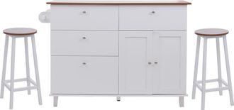 Hhg Isola Cucina Hhg-692 Con 2 Sgabelli, Credenza Con Cassetti E Scomparti Mdf 90x131x47 Cm, Bianco, Legno Chiaro