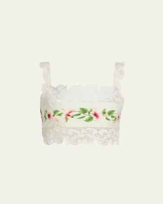 Oscar De La Renta Sleeveless Chine Hibiscus-Print Lace-Trim Crop Top