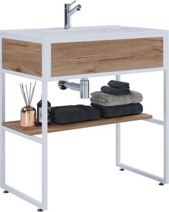 VCM 2 pz Lavabo Bagno Mobili Set Lavello In Legno Stile Industriale Bitila 80 (Rovere Bianco/Miele) - VCM