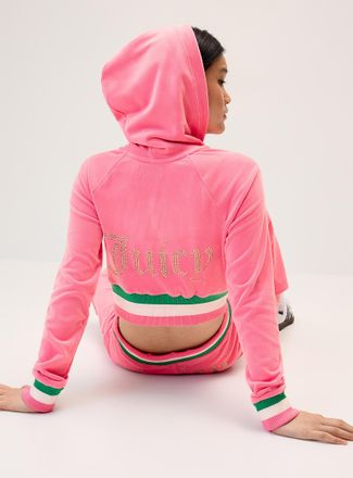 Juicy Couture Womens Shimmering logo velvet hooded sweatshirt