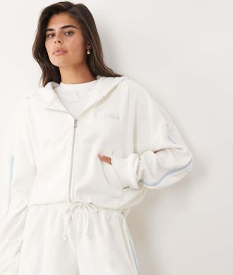 KAIIA Felpa con cappuccio oversize in spugna misto cotone bianca e azzurro chiaro con cappuccio e zip laterale con logo ricamato-Bianco