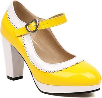 Generic Womens Chunky Heel Mary Jane Shoes Two-Tone Classic Office Heels Platform Formal Party Pumps,Yellow,5.5 UK
