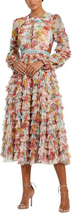 Mac Duggal Mesh Long Sleeve Ruffle Criss Cross Midi Dress