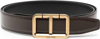 Tom Ford T-buckle leather belt - men - Brass/Calf Leather - 100 - Brown