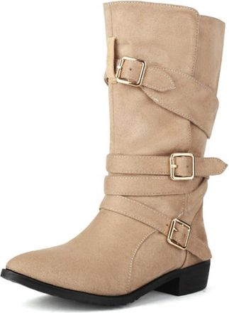 Generic Womens Pointed Toe Low Heels Western Cowgirl Boots Mid Calf Pull On with Buckle Straps Winter Casual Dress Shoes (5.5,Beige)