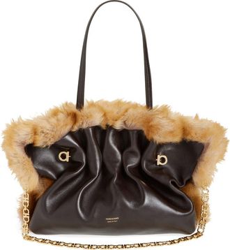 Ferragamo Medium Gancio Piercing Soft Leather & Genuine Shearling Shoulder Bag in Naturale at Nordstrom
