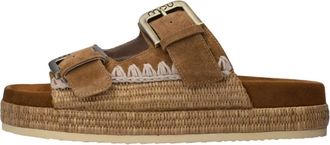 Mou Sandaal met Dubbele Gesp Raffia Wrapping - Dames - Sandalen - Bruin - 39 EU - Leer - Schoenen