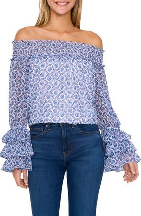 CeCe by Cynthia Steffe Floral Off the Shoulder Ruffle Top in Ultra White at Nordstrom, Size Medium