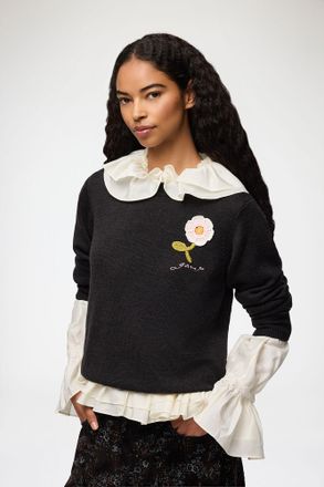 Ganni Mixed Jumper with Crochet Flower - Size XXS Wool