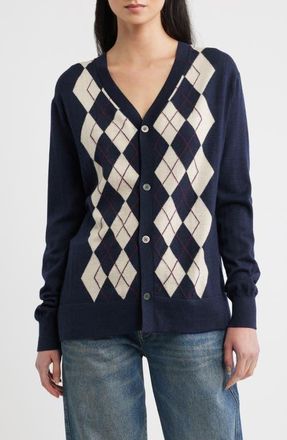 DL1961 Argyle Extra Fine Merino Wool V Neck Cardigan in Navy Argyle at Nordstrom, Size X-Small