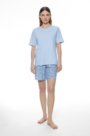 Mey Shorty MEY Flower Meadow, Damen, Gr. 42, blau (blau silk), Interlock, Obermaterial: 100% Baumwolle, bequem kurz, Rundhals, gerader Abschluss, Homewear