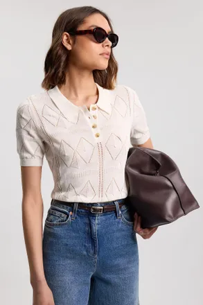 Karen Millen Womens Knitted Argyle Collar Top - White - Size X-Small