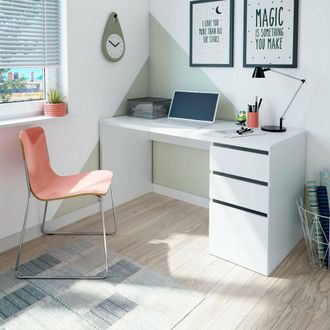 Dmora Escritorio Reedsport, Escritorio Reversible Con 3 Cajones, Mesa De Oficina Multiposiciones Para Ahorrar Espacio, 138x60h74 Cm, Blanco - Dmora