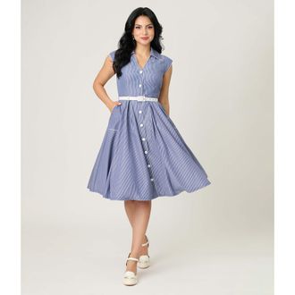 Unique Vintage Shirt Swing Dress in Blue & White Stripe at Nordstrom, Size X-Large