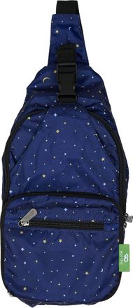 Eco Chic Lightweight Foldable Crossbody Bag Recycled Plastic Shoulder Backpack Folds Into Pouch for Storage (Stars and Moons Navy)