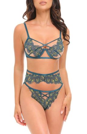 Oh l&agrave; l&agrave; Ch&eacute;ri Daphne Embroidered Strappy Underwire Bra, Garter Belt & Briefs Set in Cheri Blossom/Mediterranea at Nordstrom, Size X-Large