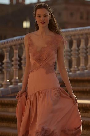 BHLDN Evelyn Lace V-Neck High-Low Midi Dress