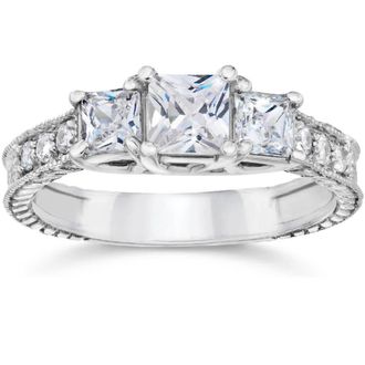 Pompeii3 1 3/4ct Vintage Three Stone Princess Cut Diamond Engagement Ring 14K White Gold Size Selectable