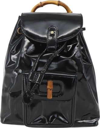 Gucci Vintage Bamboo Backpack Patent Black Patent_Leather Backpack Bag (Pre-Owned)
