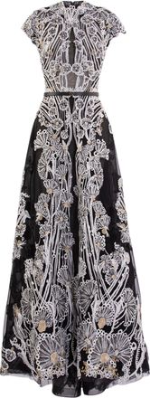 Saiid Kobeisy Jet-Black Fully Embellished Embroidered Tulle A-Line Dress
