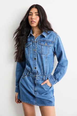 Warehouse Womens Denim Shirt Mini Dress - Blue Cotton - Size 16 UK