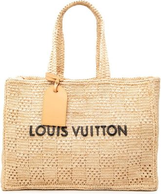 Louis Vuitton Beige Damier Canvas Raffia Pouch Shoulder Bag Tote Bag (Pre-Owned)