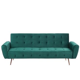 Beliani Sof&aacute; Cama Moderno De Terciopelo Convertible Con Capiton&eacute; Bolsillo Lateral Patas De Metal Cobre Verde Selnes