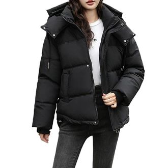 Generic Womens Winter Quilted Jackets Long Sleeve Padded Jacket Solid Bubble Puffer Coats with Pockets Hooded Short Coat Warm Down Jackets Windbreaker Overcoa