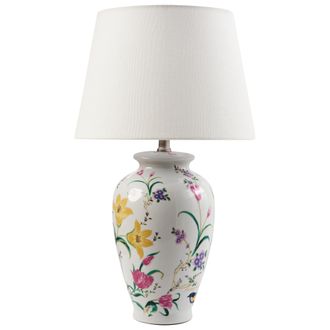 Beliani L&aacute;mpara De Mesa Elegante Con Base De Porcelana Con Dise&ntilde;o Floral Pantalla De Campana De Lino Iluminaci&oacute;n Blanco Acrosso