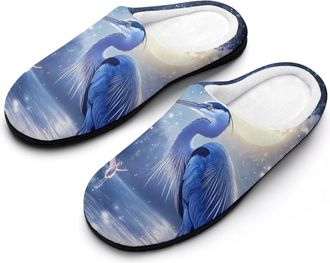 Generic A Blue Heron Moon Mens House Slippers Memory Foam Washable Cotton Slip on Home Shoes