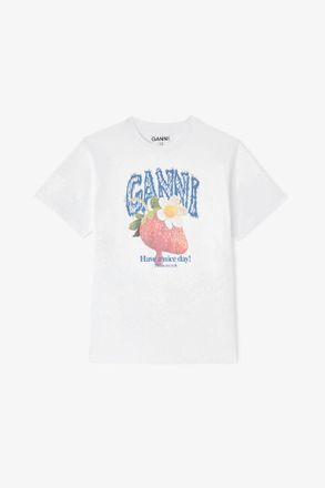 Ganni White T-shirt with Strawberry - Size XXS Organic Cotton