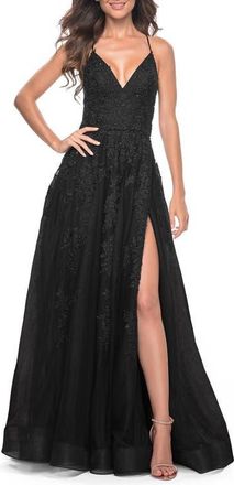 La Femme Tulle Prom Dress with Floral Detail and Side Slit in Black at Nordstrom, Size 10