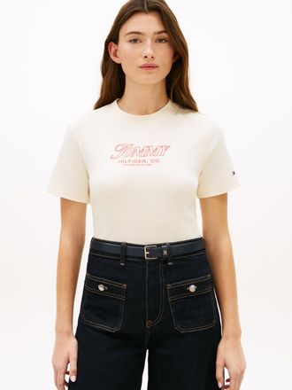 Tommy Hilfiger Kurzarmshirt TOMMY HILFIGER TILT GRAPHIC REG C-NK SS TEE, Damen, Gr. L (42/44), calico, Single Jersey, Obermaterial: 100% Baumwolle, bedruckt, unifarb