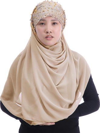 Lina & Lily Premium Chiffon Hijab Head Scarf Wrap with Gold Sequins Glitters Beads for Muslim Women (Beige)