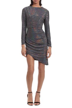 Donna Morgan Asymmetric Hem Long Sleeve Party Dress In Silver
