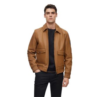 HUGO BOSS Mens Mylen Solid Patterned Ribbed Cuff Bomber Jacket in Brown - Size 44 (Chest)