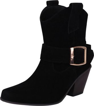 Generic Winter Ladies Retro Western Ankle Boots with Solid Color Design Large Size Pointed Toe and Decorative Belt Buckle for Stylish Comfort (Black, 4. 5)